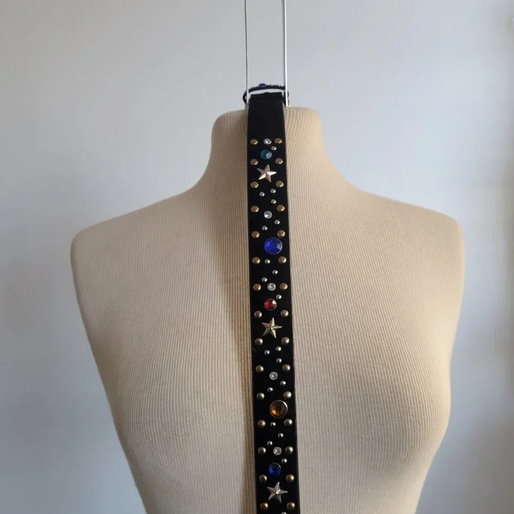 Rhinestone Star-Studded Black Velvet Metal Disco Glam Rocker Belt (Size: S/M)